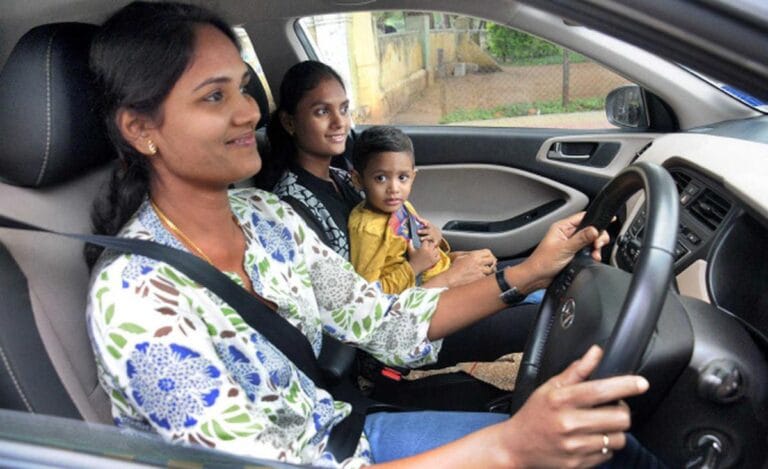 Driver wearing a seatbelt in a car for safety