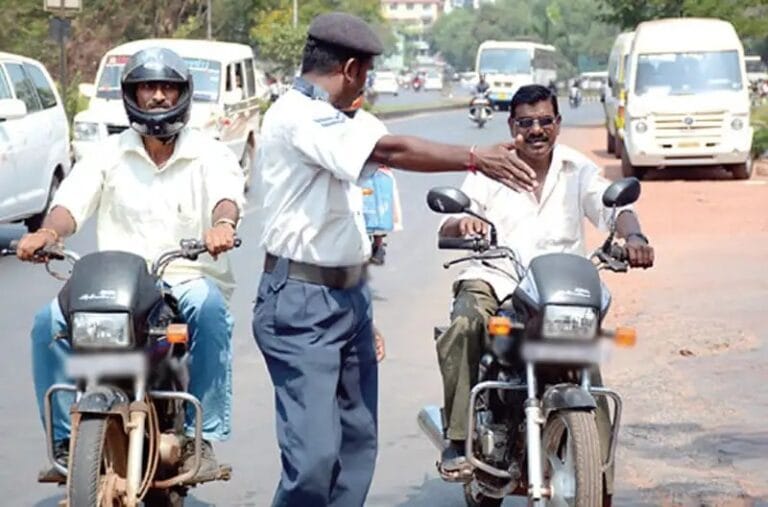 Police enforcing helmet laws at a traffic checkpoint