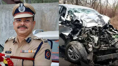 Wreckage of the Innova car involved in the accident with an RTC bus in Telangana's Domalpeta ghat section, leading to the tragic death of DCP Sudhakar Pathare.