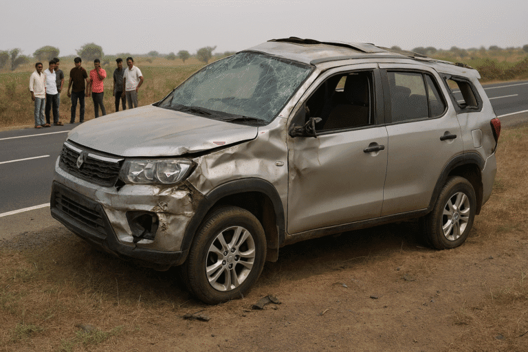 Overturned SUV on Gujarat highway near Jangvad village after fatal collision