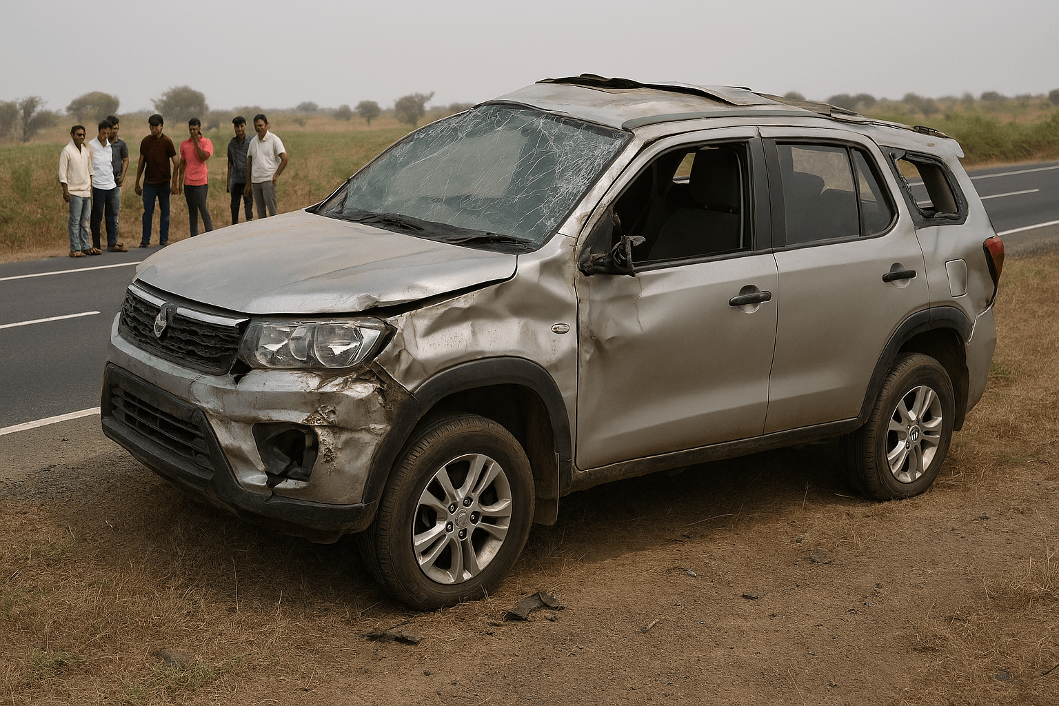 Overturned SUV on Gujarat highway near Jangvad village after fatal collision
