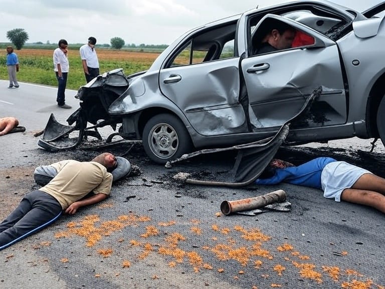 Completely damaged car after a deadly road accident near NH-48 in Rajkot with police and fire brigade at the spot
