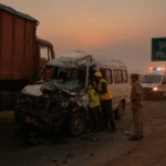 Wreckage of tempo traveller and trailer after deadly road accident in Phalodi, Rajasthan — rescue teams at the crash site