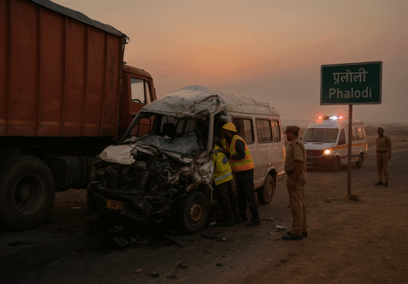 Wreckage of tempo traveller and trailer after deadly road accident in Phalodi, Rajasthan — rescue teams at the crash site