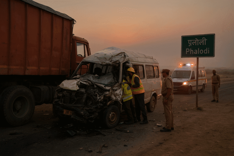 Wreckage of tempo traveller and trailer after deadly road accident in Phalodi, Rajasthan — rescue teams at the crash site