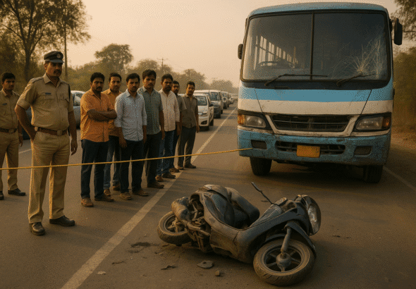 “Accident scene on Bhadrak–Chandbali road with damaged scooter, private bus, crowd and police investigation”