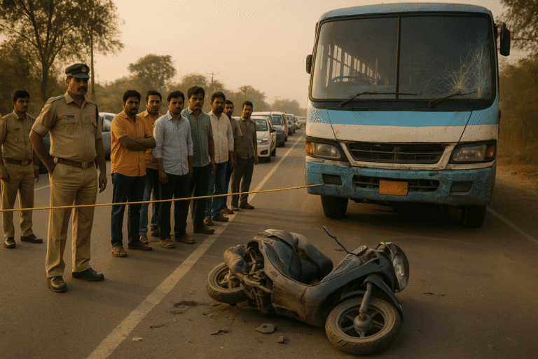 “Accident scene on Bhadrak–Chandbali road with damaged scooter, private bus, crowd and police investigation”