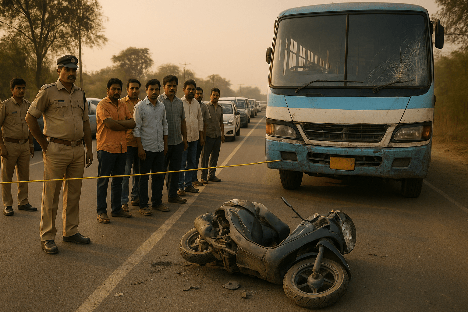 “Accident scene on Bhadrak–Chandbali road with damaged scooter, private bus, crowd and police investigation”