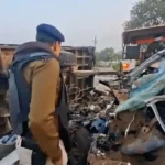 Mangled wreckage of a Toyota Fortuner SUV crushed under a sand-laden tractor after fatal high-speed collision on Gwalior-Jhansi Highway, Madhya Pradesh