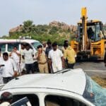 Emergency response scene at Keelakarai ECR accident site showing damaged vehicles after a speeding car rammed a stationary AP-registered car.