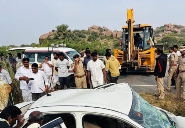 Emergency response scene at Keelakarai ECR accident site showing damaged vehicles after a speeding car rammed a stationary AP-registered car.