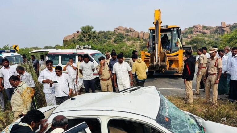 Emergency response scene at Keelakarai ECR accident site showing damaged vehicles after a speeding car rammed a stationary AP-registered car.