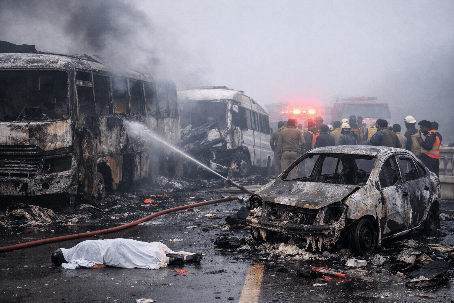 Burnt vehicles after a deadly multi-car pile-up on the Delhi-Agra Expressway in Mathura amid dense fog