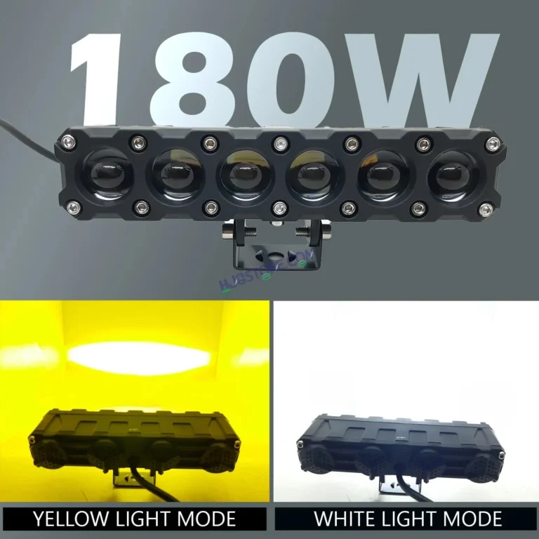 “HJG Original 180W Mega Drive fog light installed on bike and off-road vehicle, emitting bright cool white light at night”