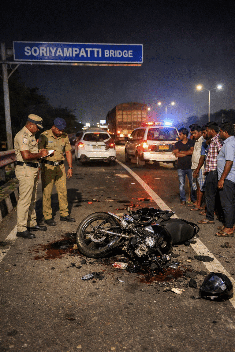 Police and locals at the scene of a fatal two-wheeler accident near Soriyampatti bridge on the Tiruchi–Madurai National Highway