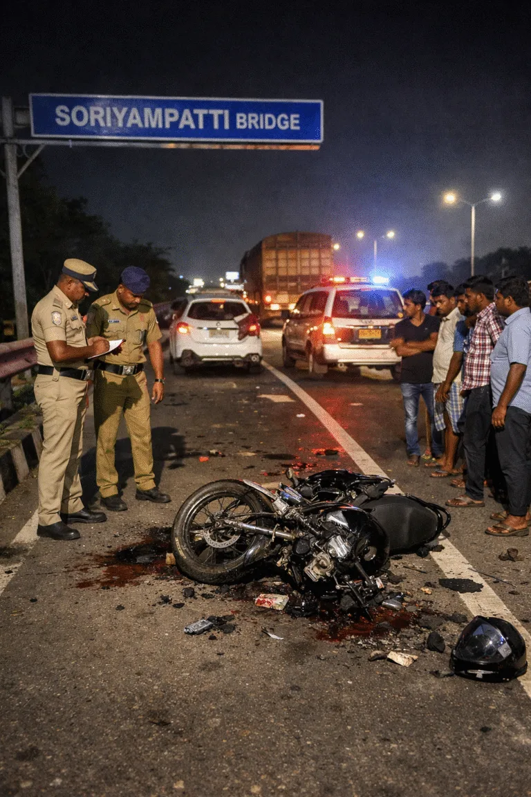 Police and locals at the scene of a fatal two-wheeler accident near Soriyampatti bridge on the Tiruchi–Madurai National Highway