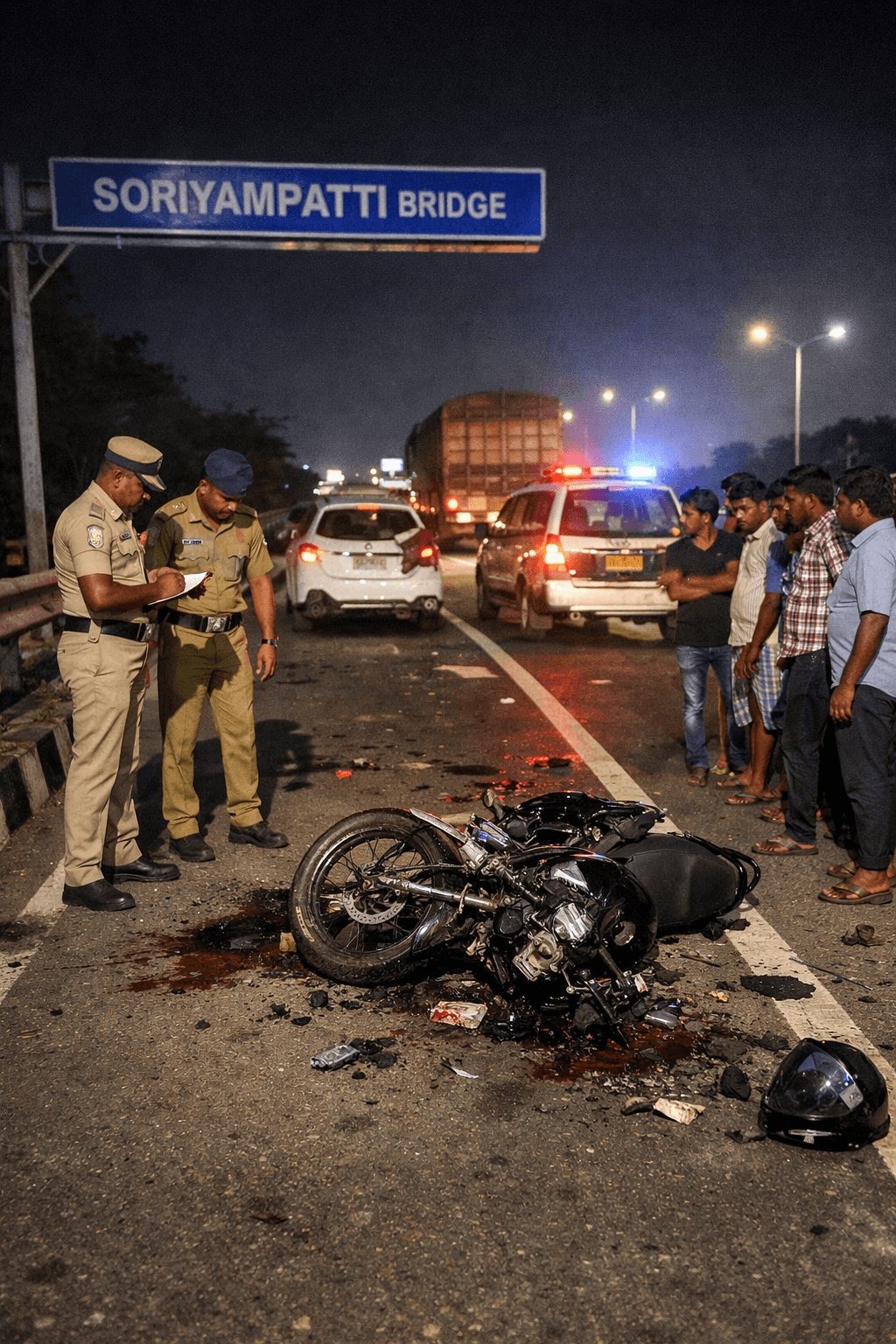 Police and locals at the scene of a fatal two-wheeler accident near Soriyampatti bridge on the Tiruchi–Madurai National Highway