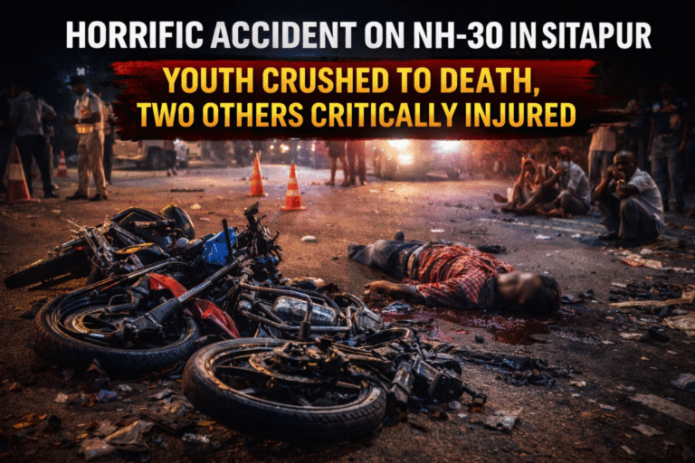 Road accident site on NH-30 in Sitapur where a youth died after being crushed by an unidentified vehicle following a bike collision