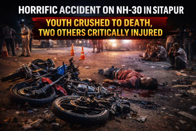Road accident site on NH-30 in Sitapur where a youth died after being crushed by an unidentified vehicle following a bike collision