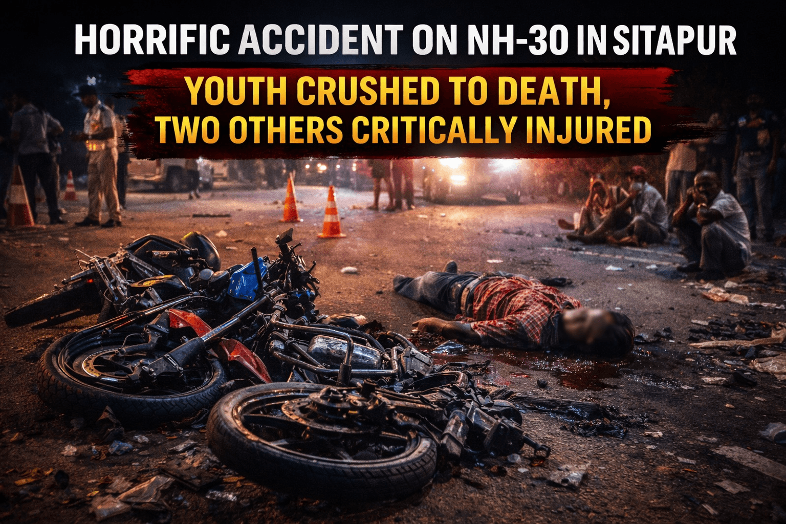 Road accident site on NH-30 in Sitapur where a youth died after being crushed by an unidentified vehicle following a bike collision