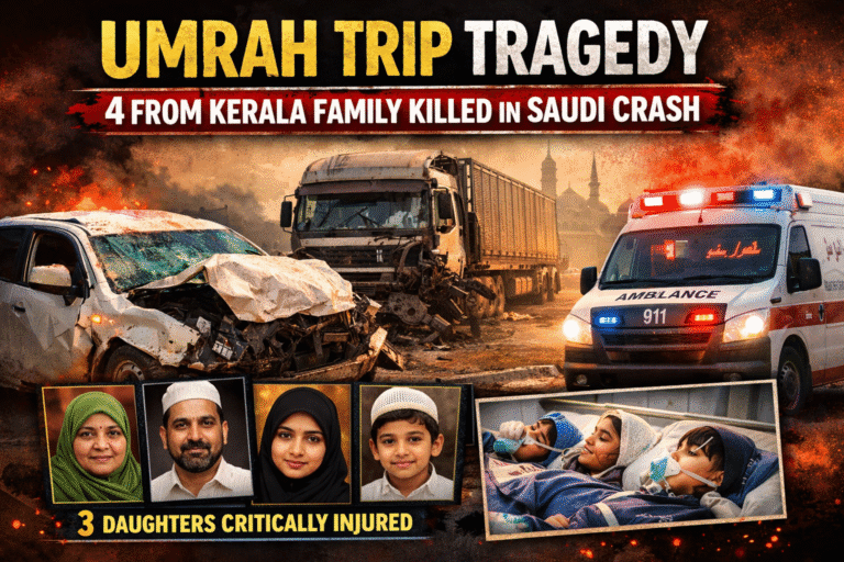 Illustrative image showing an ambulance and damaged vehicle on a highway near Medina, symbolising the Saudi Arabia road accident involving a Kerala family after Umrah.