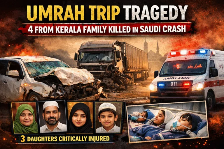 Illustrative image showing an ambulance and damaged vehicle on a highway near Medina, symbolising the Saudi Arabia road accident involving a Kerala family after Umrah.