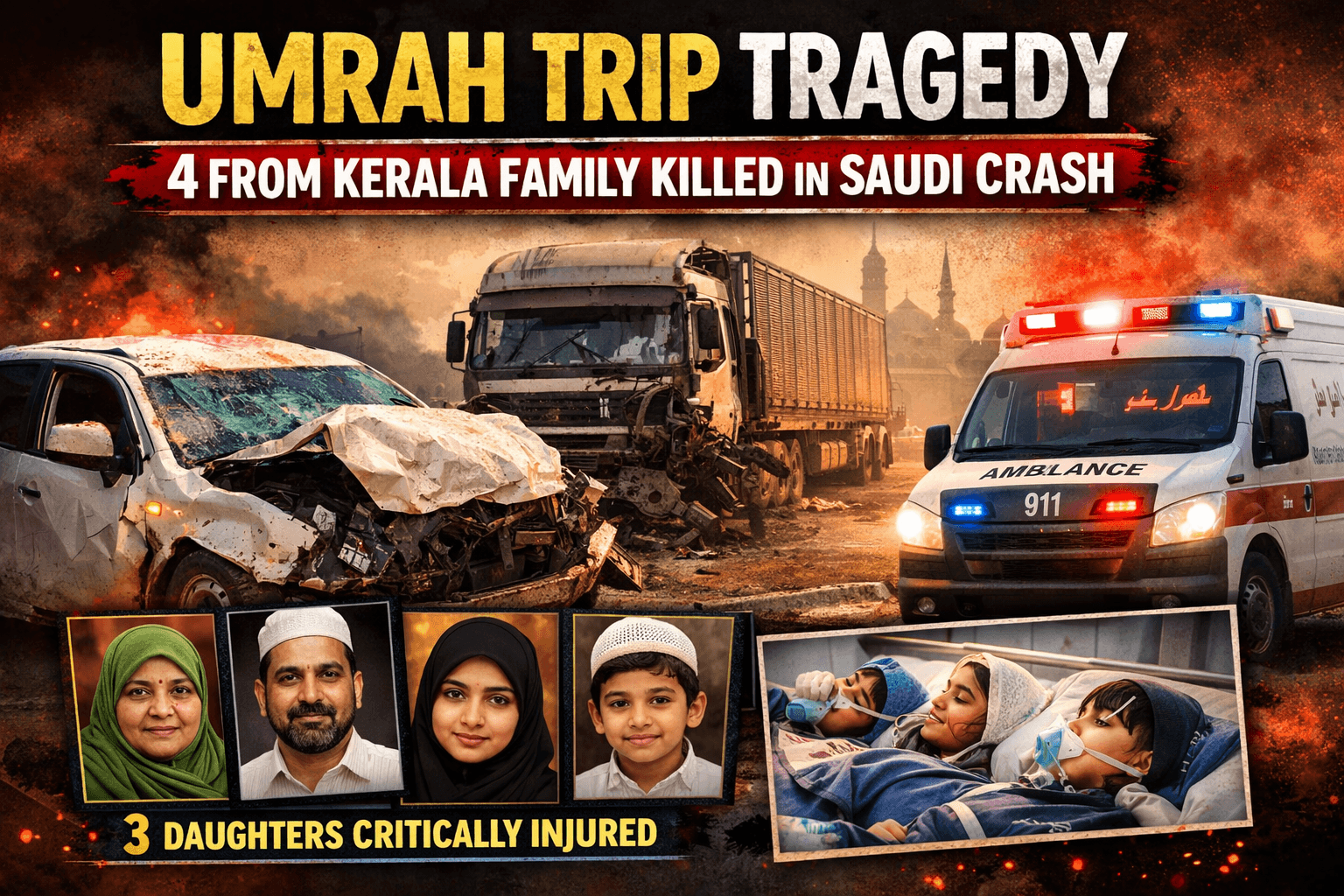 Illustrative image showing an ambulance and damaged vehicle on a highway near Medina, symbolising the Saudi Arabia road accident involving a Kerala family after Umrah.