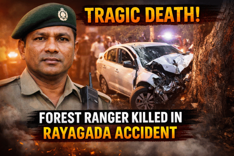 Road accident site in Rayagada district where Forest Ranger Chandan Gamang lost his life after his car crashed into a tree