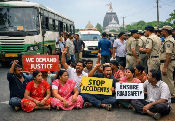 Locals protesting on Nabakalebara Road in Puri after a woman was seriously injured in a bus accident
