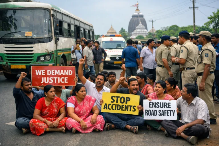 Locals protesting on Nabakalebara Road in Puri after a woman was seriously injured in a bus accident