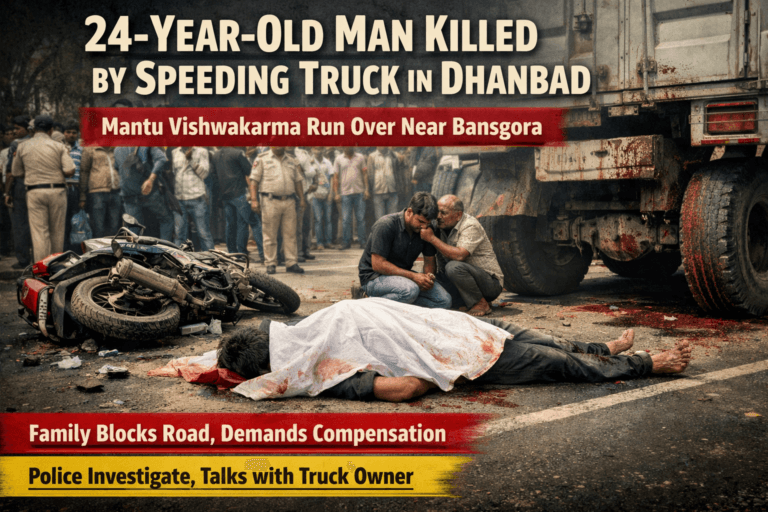 Road accident in Dhanbad where a speeding truck killed a 24-year-old biker near Bansgora