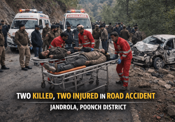 Road accident scene at Jandrola in Sathra Mandi area of Poonch district where two people lost their lives
