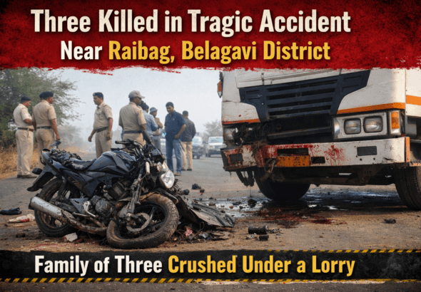 Damaged motorcycle and lorry at accident site near Alakhnur village in Raibag, Belagavi district after fatal road crash involving a family of three.