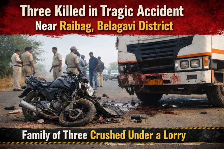 Damaged motorcycle and lorry at accident site near Alakhnur village in Raibag, Belagavi district after fatal road crash involving a family of three.