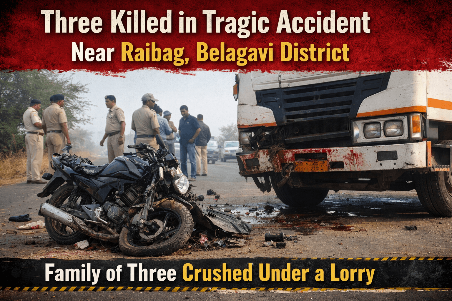 Damaged motorcycle and lorry at accident site near Alakhnur village in Raibag, Belagavi district after fatal road crash involving a family of three.