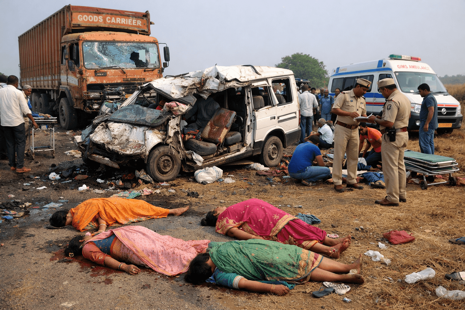 Accident site in Gadag district where a lorry collided with a vehicle carrying women farmers, killing three and injuring several others If you want, I can also add subhea