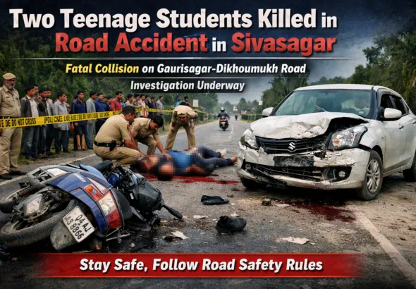 Accident scene on Gaurisagar–Dikhoumukh road in Sivasagar district where two teenage students died after a scooter collision.