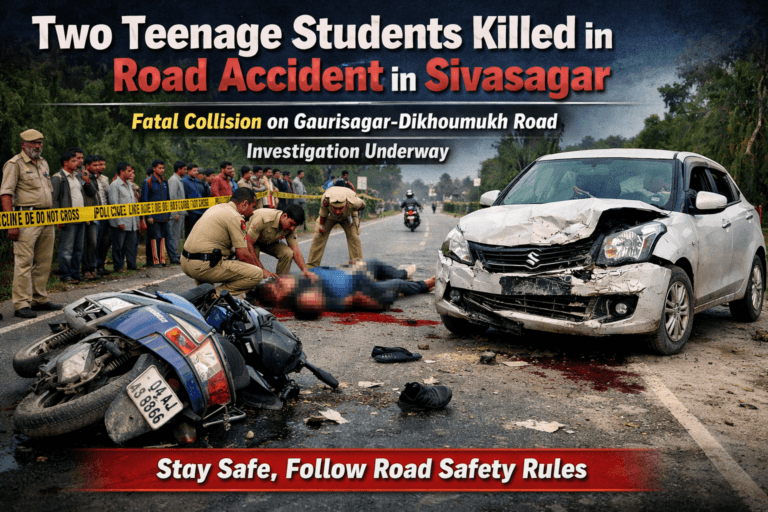 Accident scene on Gaurisagar–Dikhoumukh road in Sivasagar district where two teenage students died after a scooter collision.